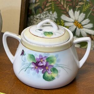Floral VTG Nippon Hand Painted Porcelain Sugar Bowl Lid Purple Violets 3.5”